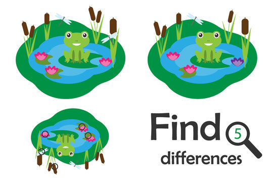 Find 5 differences, game for children, pond with frog in cartoon style, education game for kids, preschool worksheet activity, task for the development of logical thinking, vector illustration