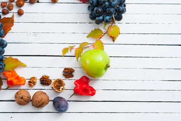 autumn fruits and vegetables on white wooden - obrazy, fototapety, plakaty