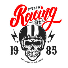 Outlaw racing. Emblem template with skull in racer helmet. Design element for poster, logo, label, sign, badge. Vector illustration