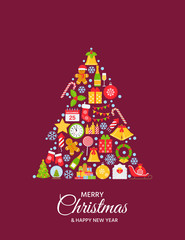 Christmas card. Vector. Greeting background. Holiday decoration poster. Creative postcard with Christmas icons in pine tree shape. Party template on dark red. Flat design. Cartoon illustration