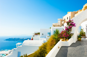 Naklejka premium White architecture of Santorini island, Greece. Summer landscape, sea view. Famous travel destination