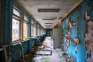 School premise in the city of Pripyat in Ukraine. Emptiness. Dampness. Exclusion Zone. Nuclear...