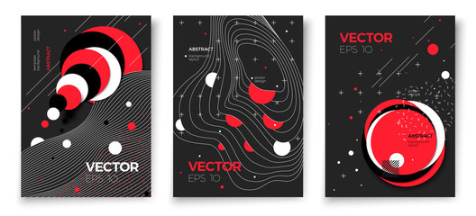 Vector new memphis style poster templates, dark modern background with geometric shapes and place for your text.
