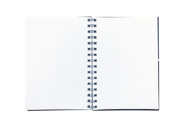 Blank open notebook with space on white background .