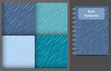 Set of vector seamless pattern of diagonal thin lines on the blue backgrounds. Rainy sky background. Weather vector illustration. For scrapbooking, cover, backdrop, wrapping paper use.