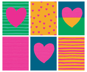 Set of Heart Illustrations and Striped Prints for Card, Pattern, Wall Art. Pink  Hearts and Stripes on a Blue and Green Background. Romantic Vector Design. Lovely Hand Drawn Valentine's Day Graphics.