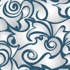 Blue seamless pattern of gray spirals and curls. Decorative ornament for background.