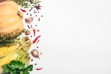 Autumn vegetables and spices on white background. Healthy and Vegetarian food ingredients