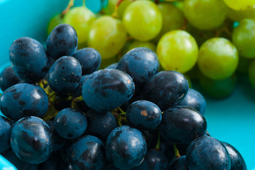 red and white grapes variation on blue tray, white wooden table background