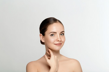 Beautiful Happy Smiling Young Woman With Fresh Natural Facial Makeup On Beauty Face.  Portrait Of...