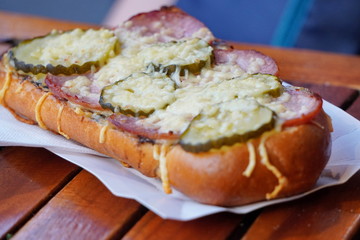 baked in the oven sandwich with cheese, sausage and cucumbers. crispy bun and juicy filling, street food, fast food, snack on the go. take away
