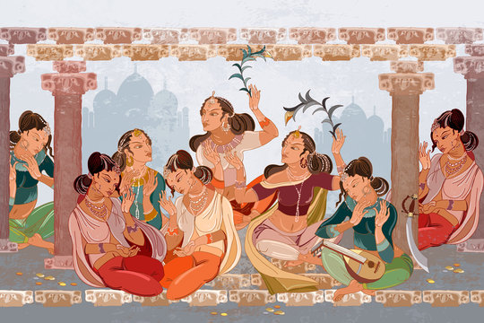 East women in national national ethnic clothes. Asian murals. Beautiful indian girls in harem , frescos. Culture of India. Arabic fairy tales. Fashion islamic princesses sit in a lotus pose