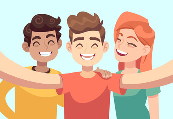 Fototapeta premium Selfie with friends. Friendly smiling teenagers taking group photo portrait. Happy people vector cartoon characters