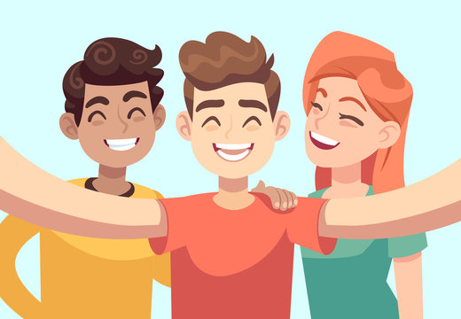 Selfie with friends. Friendly smiling teenagers taking group photo portrait. Happy people vector cartoon characters