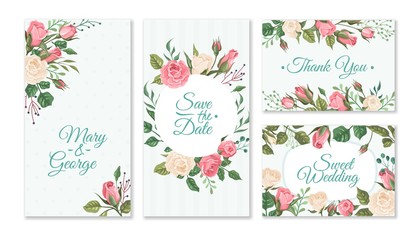 Wedding card with roses. Weddings floral invitation cards with red and pink roses and green leaves. Vector party flyers template