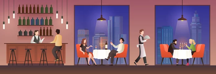 Fotobehang People in restaurant. Families having lunch in food court, men women meeting eating meal drink, dinner cafe buffet flat vector concept © YummyBuum