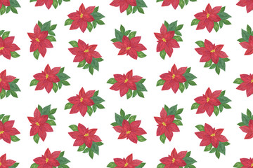 Fototapeta premium Traditional winter holidays plant red poinsettia flower repeat pattern, Christmas watercolor hand drawn illustration, seamless ornament on the white background