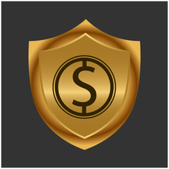 Dollar and gold shield. Stock icon. Vector Illustration.