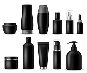 Realistic cosmetic mockups. Black cosmetics bottle, container and jar. Women beauty products. Spray, soap and cream 3d vector package