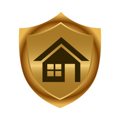 House and gold shield. Stock icon. Vector Illustration.