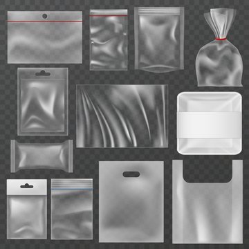 Plastic packaging. Transparent plastic packs, food containers and vacuum bags. Polythene wrap pouch, snack package vector 3d mockups