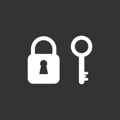 Lock and key flat icon design isolated on dark background -vector illustration.