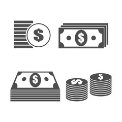Set of cash, banknote and coins, money icon flat design - vector illustration