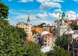 Andrew descent, Andriyivski uzviz with ancient buildings and famous St. Andrew or Andriivska...
