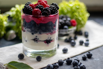 Fototapeta na wymiar Healthy nutrition Dietary desserts. Glasses are filled with cottage cheese cream, in them chia seeds, raspberries, blueberries, blackberries. Near for background flowers.