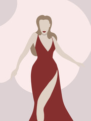 Naklejka na ściany i meble Fashion illustration girl silhouette retro long red dress