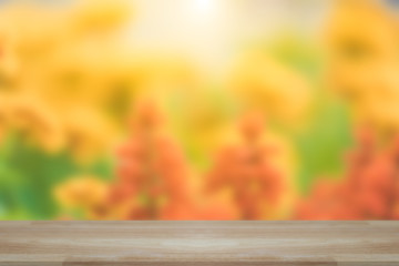 Empty wooden desk of free space and spring time with blurred background of home garden for a catering or food background,Template mock up for display montages of product.