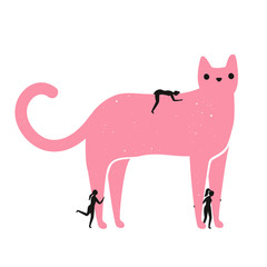 Vector illustration with a big pink cat and a group of girls who deify, idolize and worship cats.