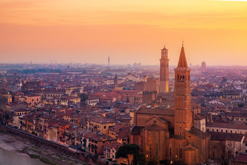 Fototapeta na wymiar Beautiful aerial view panorama Verona sunset from Castel San Pietro, Veneto region, Italy