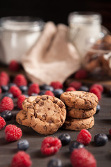 Delicious treat for morning breakfast with chocolate biscuits and milk