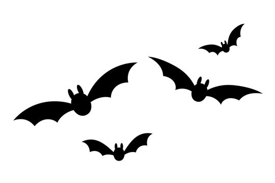 Bats icon set. Bat black silhouette with wings isolated white background. Symbol Halloween holiday, mystery cartoon dark vampire, night flyin element. Spooky scary flat design. Vector illustration