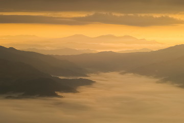 Fototapeta na wymiar Mountain view misty morning of top hills around with sea of mist in valley and yellow sun light with cloudy sky background, sunrise at Pha Tang, Chiang Rai, northern of Thailand.