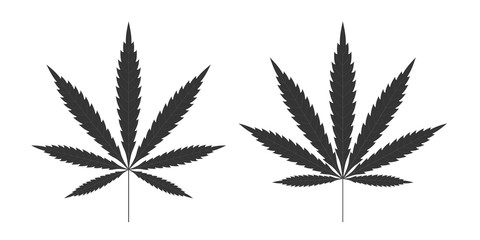 Cannabis leaf icons set. Black silhouette indica sativa isolated white background. Herbal medicine herb plant. Natural weed hemp. Addiction smoke drug Illegal narcotic marijuana. Vector illustration