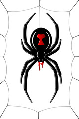 Spider Black Widow, cobweb. Red black spider 3D, spiderweb, isolated white background. Scary Halloween decoration icon web. Symbol networking, animal arachnid, creepy insect fear. Vector illustration
