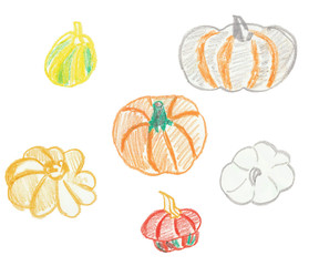 Set of pumpkin painted with oil crayons