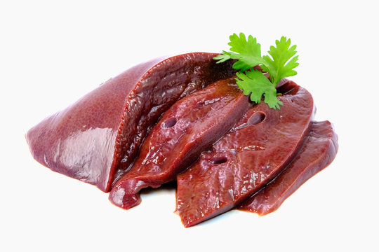 fresh raw liver with coriander leaf on top