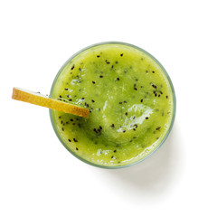 Blended kiwi smoothie with fresh fruits isolated on white background.