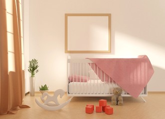 Mock up with an empty frame above the crib. Children's room interior with toys on a floor. Template for advertisement and photo. 3D rendering.