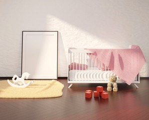 Mock up with an empty frame above the crib. Children's room interior with toys on a floor. Template for advertisement and photo. 3D rendering.