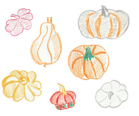 Set of pumpkin painted with oil crayons
