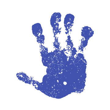 Hand paint print, isolated white background. Blue human palm and fingers. Abstract art design, symbol identity people. Silhouette child, kid, people handprint. Grunge texture. Vector illustration