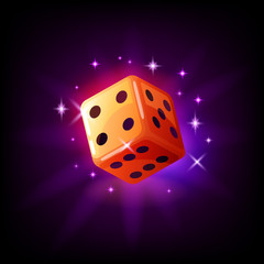 Orange game dice in flight with sparkles slot icon for online casino or mobile game, vector illustration on dark purple background.