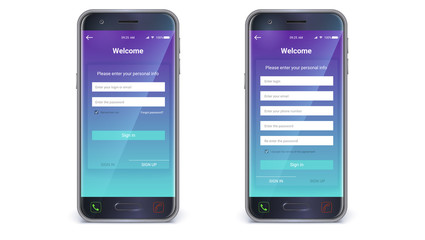 Smartphone, mobile phone isolated. UI design, account authorization or register, interface for touch screen mobile apps. Registration with personal data. UX Screen, vector 3d illustration