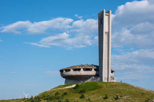 Buzludzha, Bulgaria - The Memorial House of the Bulgarian Communist Party sits on Buzludzha Peak. Abandoned communist building in the Balkan mountain
