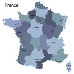 Map of France with administrative division and cities