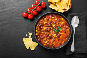 Traditional mexican dish chili con carne with minced meat and red beans. 